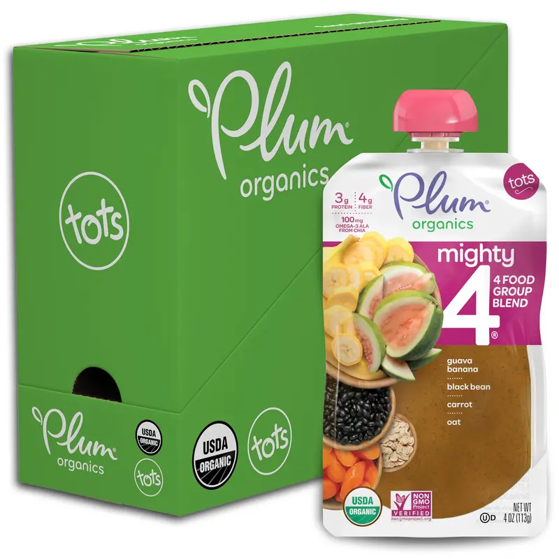 (6 Pouches) Plum Organics, Organic Toddler Food, Mighty 4, Guava, Banana, Black Bean, Carrot, Oat, 4Oz 1