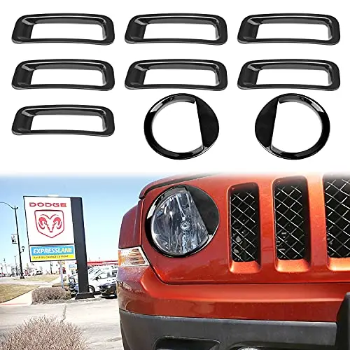 Avomar Front Grille Grill Mesh Grille Insert Kit + Angry Bird Style Headlight Lamp Cover Trim Compatible For Jeep Patriot 2011-2016 (Black Front Grill Mesh + Angry Bird Headlight Cover-3) 1