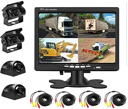 Backup Camera Kit 7 Inch 4-Spilt Monitor Rear View Cameras With Ip 67 Waterproof 18 Ir Night Vision Car Camera For Tucks, Rvs,Trailers,Bus,Vans + 4Pcs 10M/393.7Inch Cables 1