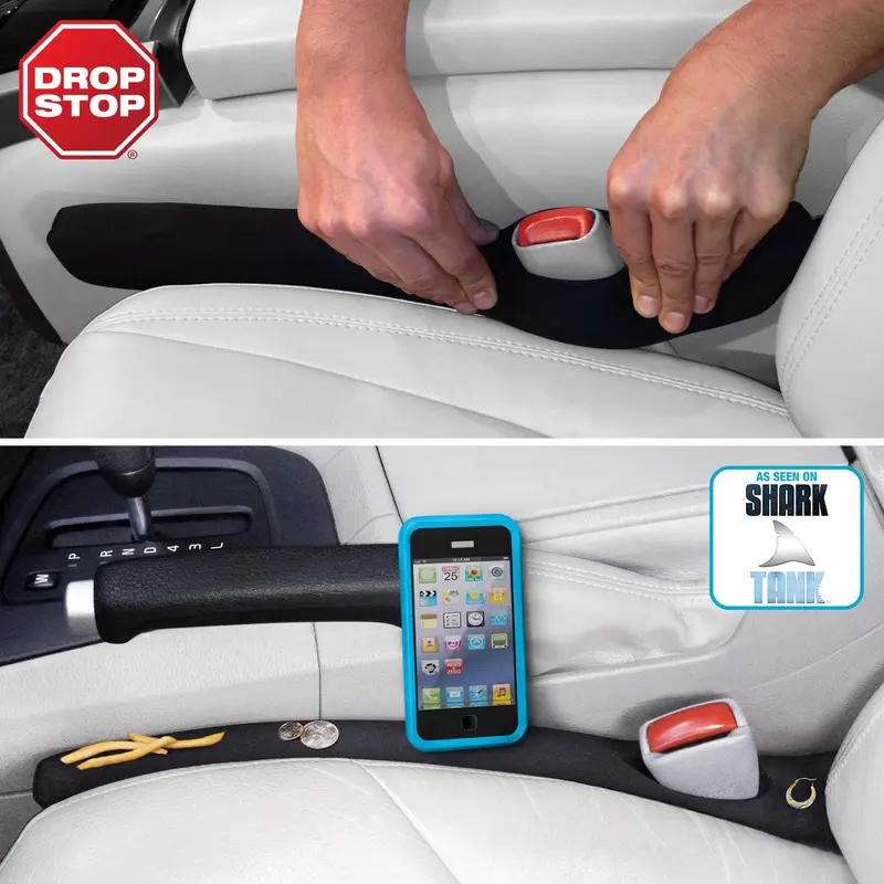 Drop Stop - The Original Patented Car Seat Gap Filler (As Seen On Shark Tank) - Between Seats Console Organizer, Set Of 2 And Slide Free Pad And Light 1