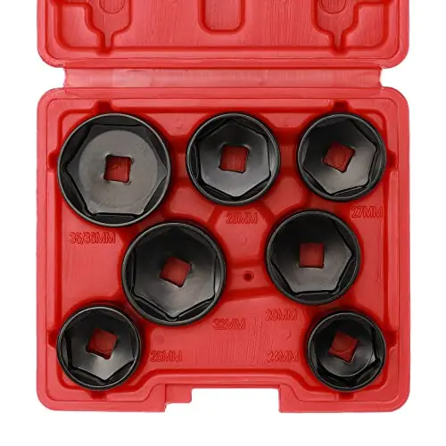 Ementol 7Pcs 3/8" Drive Low Profile Oil Filter Socket, Cr-V, Oil Filter Cap Remover And Installer Tool Set-24Mm, 25Mm, 27Mm, 28Mm, 29Mm, 32Mm, 36Mm, Oil Filter Cap Wrench Tool Kit 1