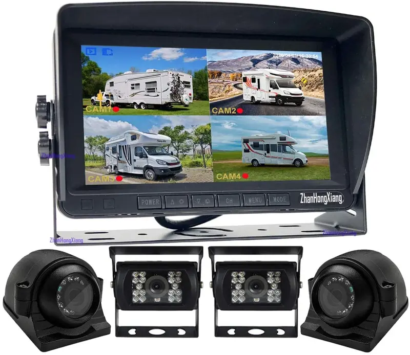 Fhd 1080P Backup Camera Monitor Dvr System,4 X Ir Night Vision Car Front Side Rear 360 View Dash Camera + 7" Ips Lcd 4Ch Quad Split Screen Monitor For Rv Bus Truck 5Th Camper 1