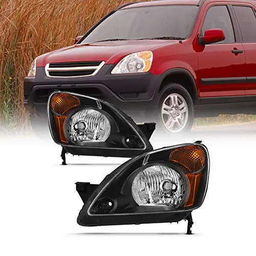 For 2002 2003 2004 Honda Cr-V Black Housing [W/Amber Corner Lamp] Headlights Driver+Passenger Side Replacement 1