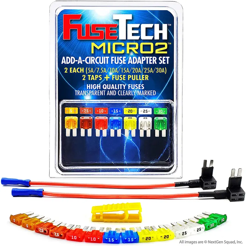Fusetech 12V Micro2 Apt Atr 17 Piece Automotive Fuse Assortment And Holders Pack (2 Add-A-Circuit Fuse Tap Adapters, 14 Blade Fuses + Fuse Puller) 5A 7.5A 10A 15A 20A 25A 30A 1