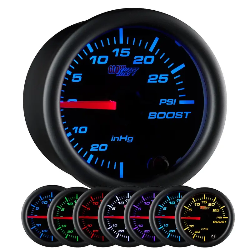 Glowshift Black 7 Color 30 Psi Turbo Boost/Vacuum Gauge Kit - Includes Mechanical Hose & T-Fitting - Black Dial - Clear Lens - For Car & Truck - 2-1/16" 52Mm 1