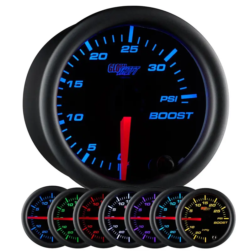 Glowshift Black 7 Color 35 Psi Turbo Boost Gauge Kit - Includes Mechanical Hose & Fittings - Black Dial - Clear Lens - For Car & Truck - 2-1/16" 52Mm 1