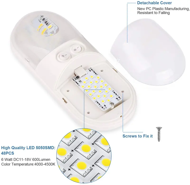Kohree 12V Led Rv Ceiling Dome Light Rv Interior Lighting For Trailer Camper With Switch, White, 600 Lumens (Natural White 2-Pack) 6