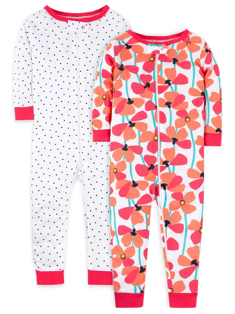 Little Star Organic Baby Toddler Girl Snug Fit Cotton Footed 1Pc Pajamas, 2-Pack 1