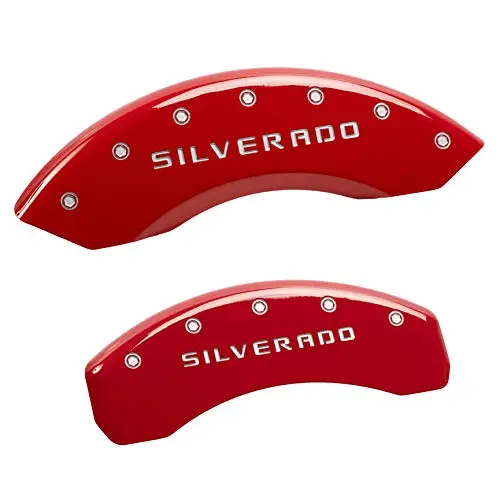 Mgp Caliper Covers 14005Ssilrd Caliper Cover (Red Powder Coat Finish, Engraved Front And Rear: Silverado, Silver Characters, Set Of 4) 1