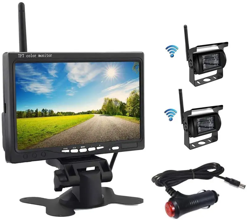Oiliehu Wireless Backup Camera And Monitor Kit, 7 Inch Hd Tft Lcd Monitor With Antenna, 2 X Wireless Rear View Camera, Ip67, Night Version, 12-24 V, Suitable For Buses, Suvs, Trucks, Trailers 1