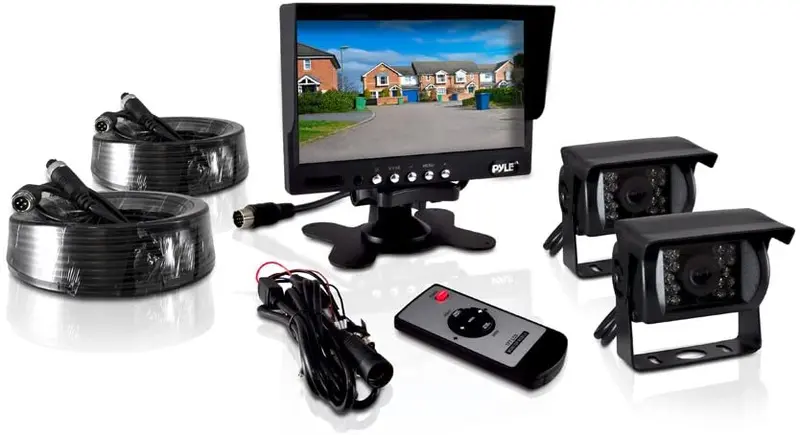 Pyle Plcmtr72 Weatherproof Rearview Backup Camera And Monitor Video System For Bus, Truck, Trailer And Van (2 Cams, 7'' Monitor, Dual Dc 12-24V), Black 1