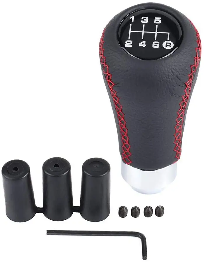 Qiilu Gear Shift Lever Knob Stick Head, Universal Car Vehicle 6 Speed Gear Shift Knob Pu Shifter Stick With 3 Hoses (Red) (Red) 1