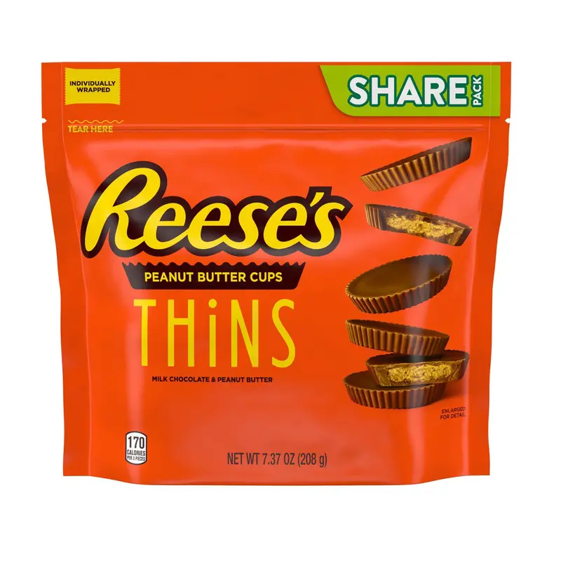 Reese's, Thins, Milk Chocolate Peanut Butter Cups Candy, Valentine's Day Candy, 7.37 Oz., Share Bag 1