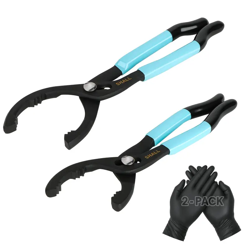 Shall 2-Piece Oil Filter Wrench Set, 10 Inch & 12 Inch Adjustable & Heavy-Duty Metal Oil Filter Removal Tool/ Pliers, For Pulling Oil Filters From Cars, Motorcycles, Trucks, 2-Pack Pvc Gloves Included 1