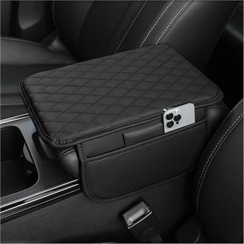 Upgraded Car Center Console Cover,Microfiber Leather Car Armrest Cover Cushion With 2 Storage Bags,Universal Car Armrest Storage Box Car Interior Accessories For Most Vehicles (Black) 1