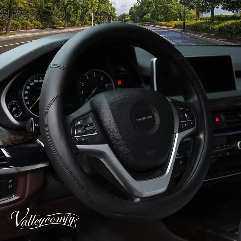 Valleycomfy Microfiber Leather Steering Wheel Cover Universal 15 Inch (Black) 1