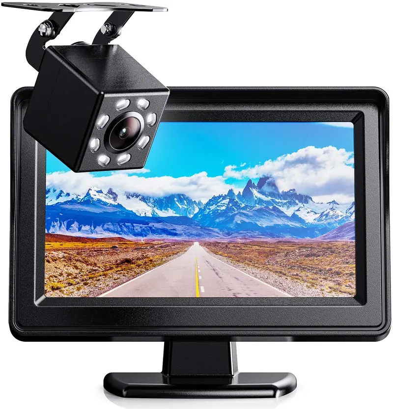 Vehicle Backup Cameras Kits With Monitor Front Rearview Reversing Camera For Small Cars Asistance When Parking + 4.3" 720P Monitor W/ Guidelines, Xroose Wired-Fr5 1