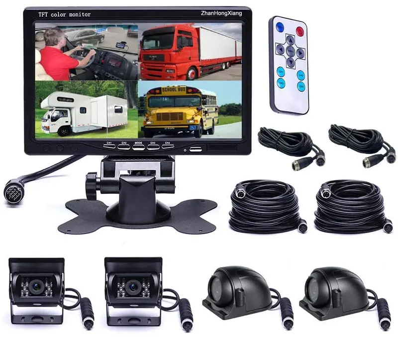 Vehicle Backup Cameras Monitor Kit 4 Pin System 12V/24V,4 X Front Side Rear View Camera + 7" Inch Quad Split 4Ch Car Lcd Monitor For Bus Truck Trailer Caravan Camper Rv 1
