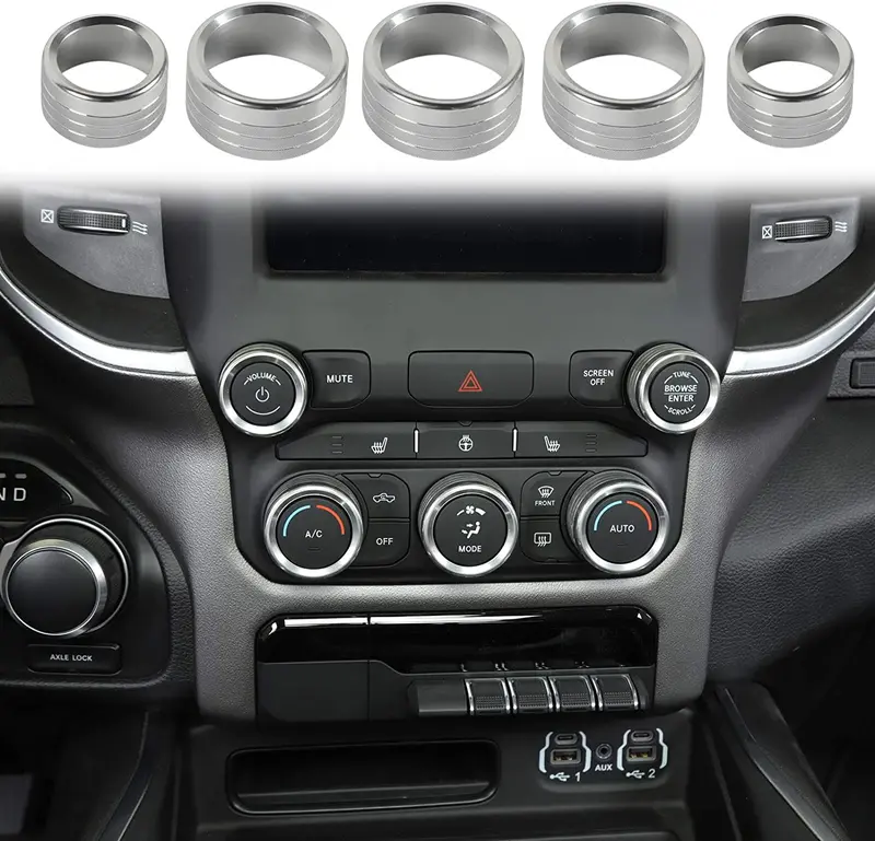 Voodonala For Dodge Ram Aluminum Center Console Ac Radio Switch Knob Cover For 2018-2020 Ram, 5Pcs Red 1