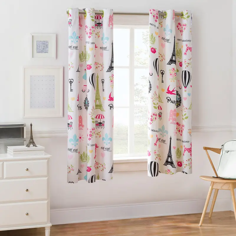 Your Zone I Love Paris Room Darkening Grommet Top Single Curtain Panel, White, 42" X 63" 1